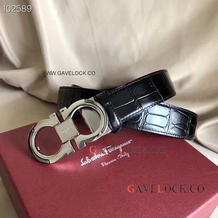 Copy Ferragamo Calf Crocodile Texture Belt with Silver Buckle